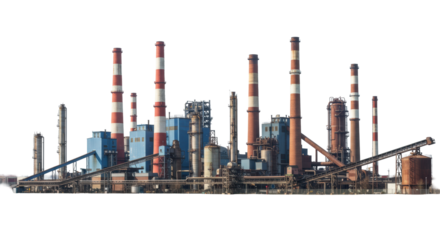 Large industrial complex with red and white striped chimneys, brown brick chimney, pipes, conveyor belts, heavy machinery by reflective river, isolated on clean white background with copy space,