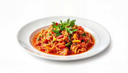Pasta dish with vegetables and herbs served on a white plate  