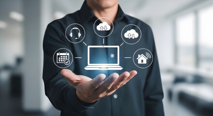 A business professional presenting digital cloud solutions and remote work capabilities with laptop, calendar, headset, and smart home connectivity for efficiency.