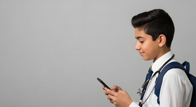 Schoolboy in white shirt using phone - Powered by Adobe
