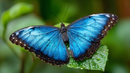 A vibrant blue butterfly with black wing edges sits on a dewy green leaf