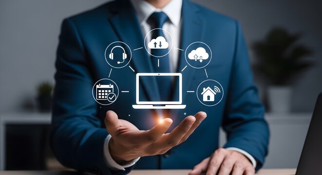Businessman presenting innovative online solutions including cloud, communication, calendar, and home automation, emphasizing technology's role in modern lifestyle.