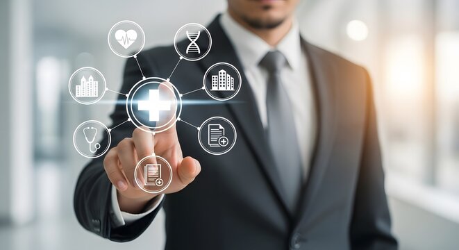 Professional businessman interacting with innovative healthcare technology interface, showcasing medical icons and modern medicine solutions. - Powered by Adobe