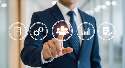 Businessman indicates strategic management process through a modern interface, showing collaboration, performance analysis and operational excellence in a digital environment.