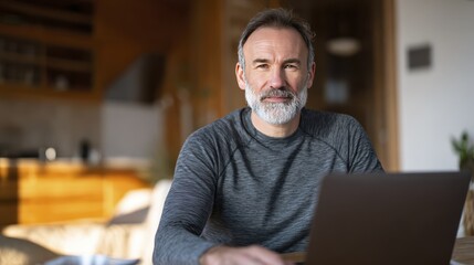 Fototapeta premium Mature professional man working remotely on laptop in modern cozy home environment