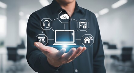 Man presents technology solutions with laptop, cloud computing, calendar, meeting, security, home office icons in palm, showing data solutions and connectivity.