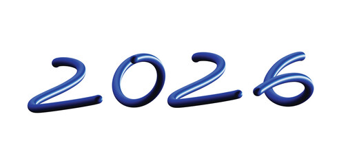 2026 Handwritten 3D Text in Glossy Blue. Playful Typography. Transparent PNG.