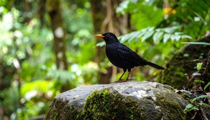 Obraz premium Black bird on a mossy rock in a lush forest