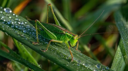 Fototapeta premium A vibrant green grasshopper sits on a dewy blade of grass its long antennae extending outward