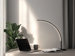 Serene workspace showcasing a laptop, lamp, plant, and open book