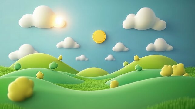 Cartoon Landscape with Rolling Hills and Fluffy Clouds