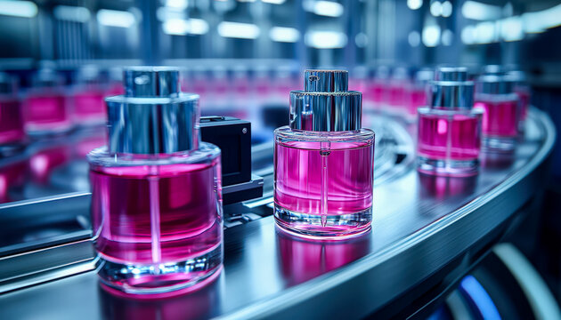 Bottled perfumes on a modern production line in a sleek factory setting