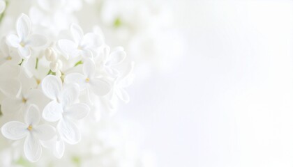 Fototapeta premium white lilac flowers on blurred light background, delicate white minimalistic floral template with copy space