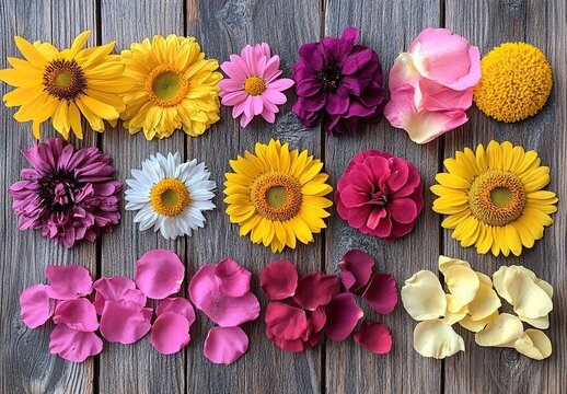 A table with various pressed flowers and petals arranged in the shape of sunflowers, roses, daisies, purple wildflower petals, pink rose petals, and yellow chrysanthemum petals on a wooden surface