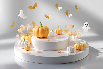 Minimal Halloween product display mockup with white podium, pumpkins, and spooky elements.