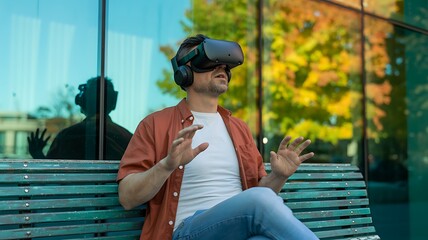 Man using vr headset on bench exploring virtual reality metaverse experience outdoors