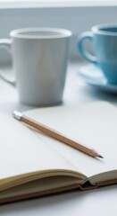 Notebook Pencil and Coffee Cups on a White Surface
