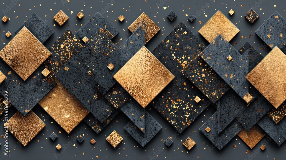 Poster abstract geometric pattern of overlapping squares and triangles in gold and dark gray
