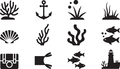 Underwater World Vector Icons Set Silhouette Style Featuring Marine Life, Anchor, Coral, Fish, and Treasure Chest