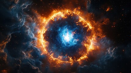 A fiery cosmic ring encircles a brilliant blue nebula in deep space.
