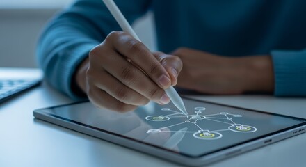 Person Utilizing Digital Stylus on Tablet with Network Diagram