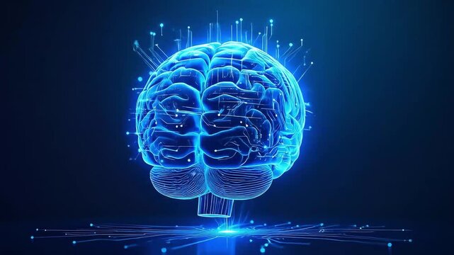 Rotating Futuristic Neon AI Brain with Glowing Circuit Lines on Dark Gradient Background