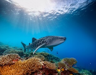 Obraz premium whale shark swims gracefully amidst vibrant coral reef sunlight filters through water