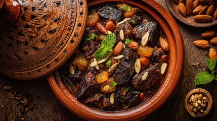Morocco dish Tagine Slow-cooked stew in conical clay pot tender meat with prunes and almonds