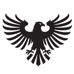 Obraz premium A striking black and white silhouette of an eagle with outstretched wings in a heraldic style design