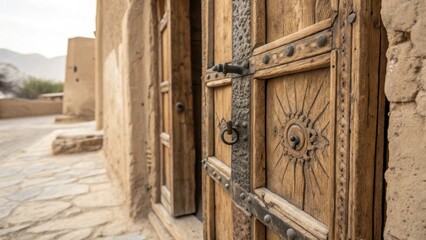 Ornate wooden door of a historic building stands ajar in a traditional desert village, revealing its rustic charm.