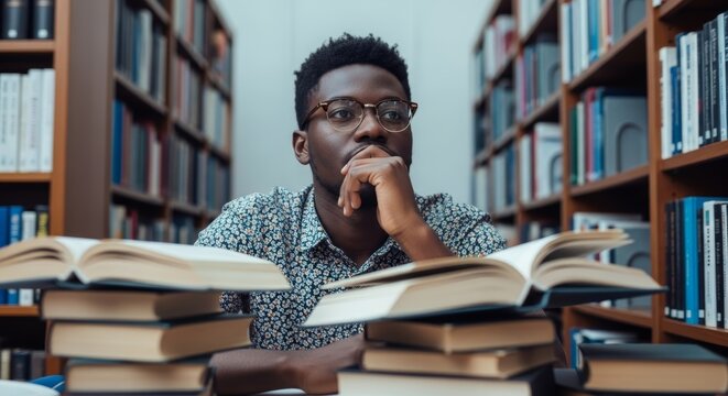 Thoughtful student surrounded by books in a library.