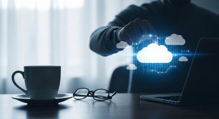Professional Utilizing Cloud Computing Technology with Laptop and Coffee