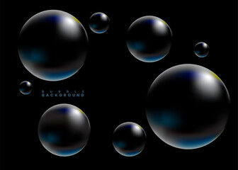 Dark abstract background featuring glossy black bubbles with subtle reflections and hints of blue and yellow light, creating a futuristic and elegant visual.