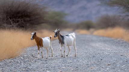 Two goats walking on a gravel road in a desert-like landscape. the goats are facing each other and appear to be walking side by side.
