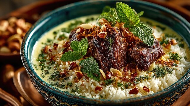 Jordan dish Mansaf Lamb cooked in fermented yogurt sauce served over rice with almonds and pine nuts