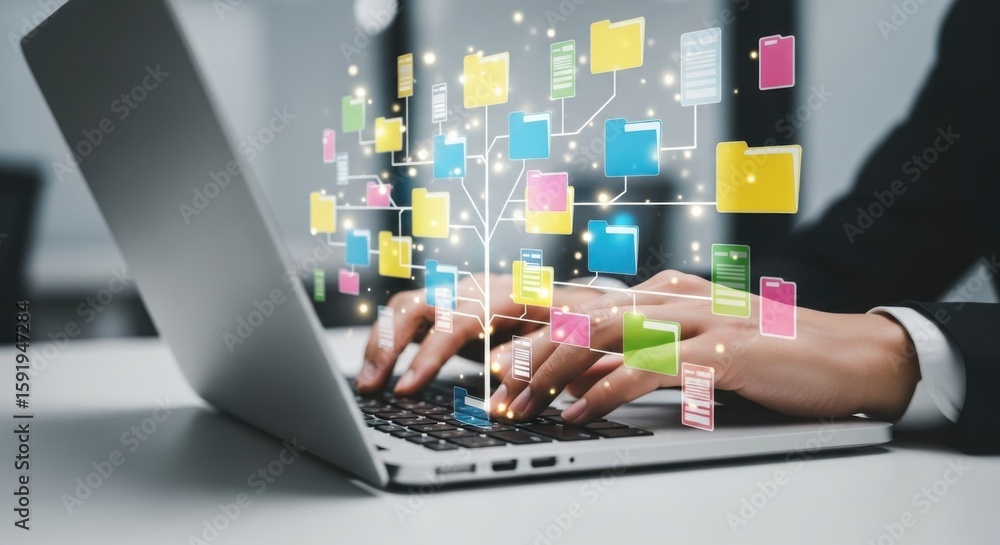 Poster person typing on laptop with colorful digital data flow network technology computer
