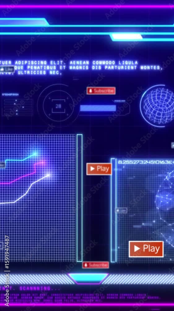 Poster animation of icons and data processing over screens on dark background