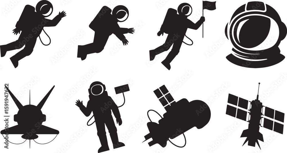 Poster astronauts and spacecraft silhouettes floating on a transparent background for space exploration des