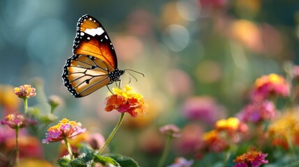 Butterfly rests on orange lantana blurred floral field backdrop