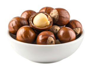 Roasted Macadamia Nuts: A close-up shot of a bowl filled with rich, roasted macadamia nuts. Capturing the natural color of the nuts and the details of their unique shape.