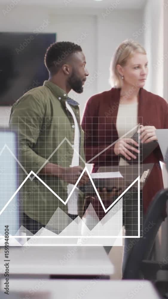 Poster animation of financial data processing with icons over diverse colleagues having meeting in office