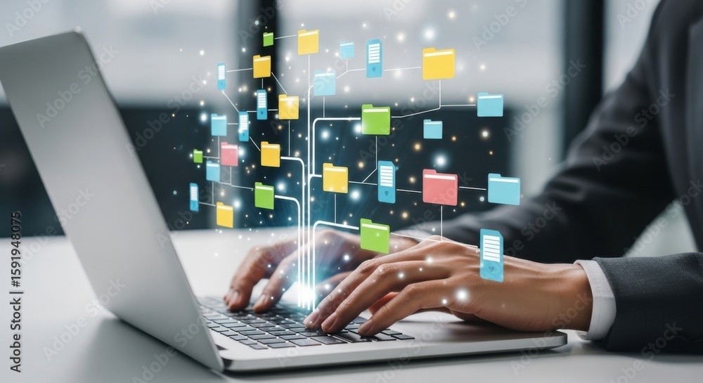 Poster person typing on laptop with colorful digital data folders and network connections technology
