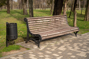 Close-up view of a wooden park bench, surrounded by grass and trees in a city park.