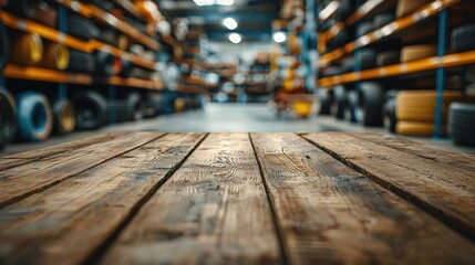 Wooden surface in an automotive parts warehouse with shelves of tires and accessories