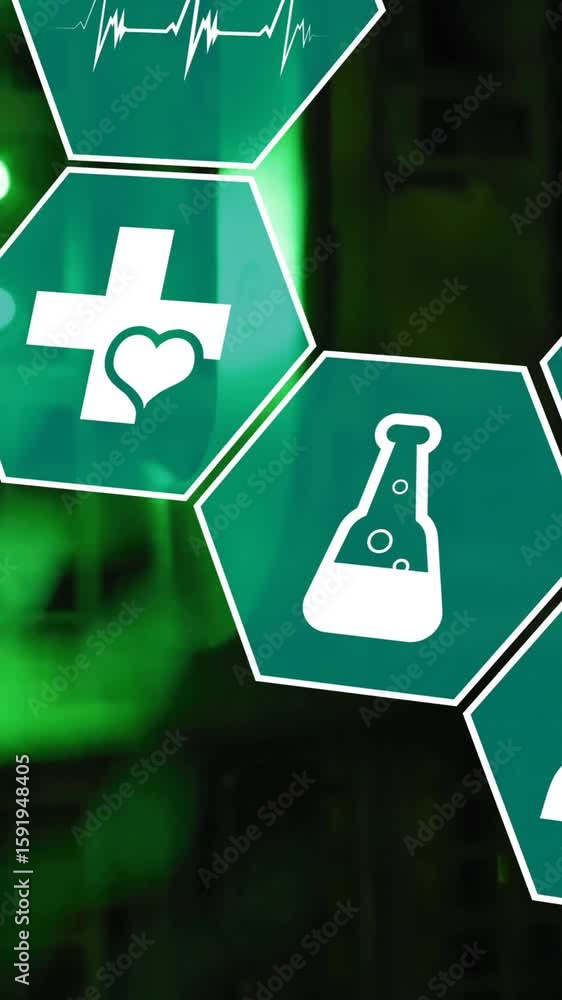 Poster animation of medical icons and data processing over computer servers