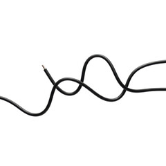 Sleek black electrical cable with smooth matte finish, forming graceful organic curves and an abstract wavy line, shot top-down on a pristine transparent background with diffused lighting, concept of