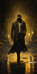Mysterious figure in a trench coat walking through a foggy, dimly lit alley at night with street lamps illuminating the scene