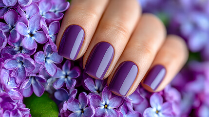 Fototapeta premium Elegant purple manicure showcased against vibrant lilac flowers