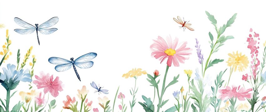 A whimsical watercolor border of delicate pastel flowers and dragonflies