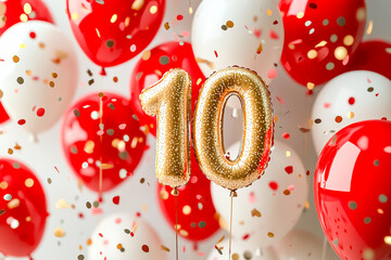 Celebrating a 10th Anniversary with festive balloons and confetti